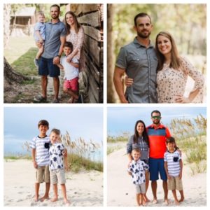 A collage of family photos with the same photo taken in different locations.