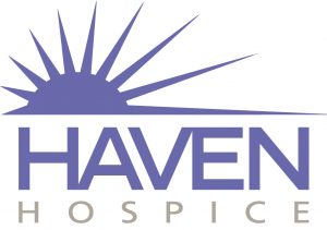 A purple and white logo for haven hospice.