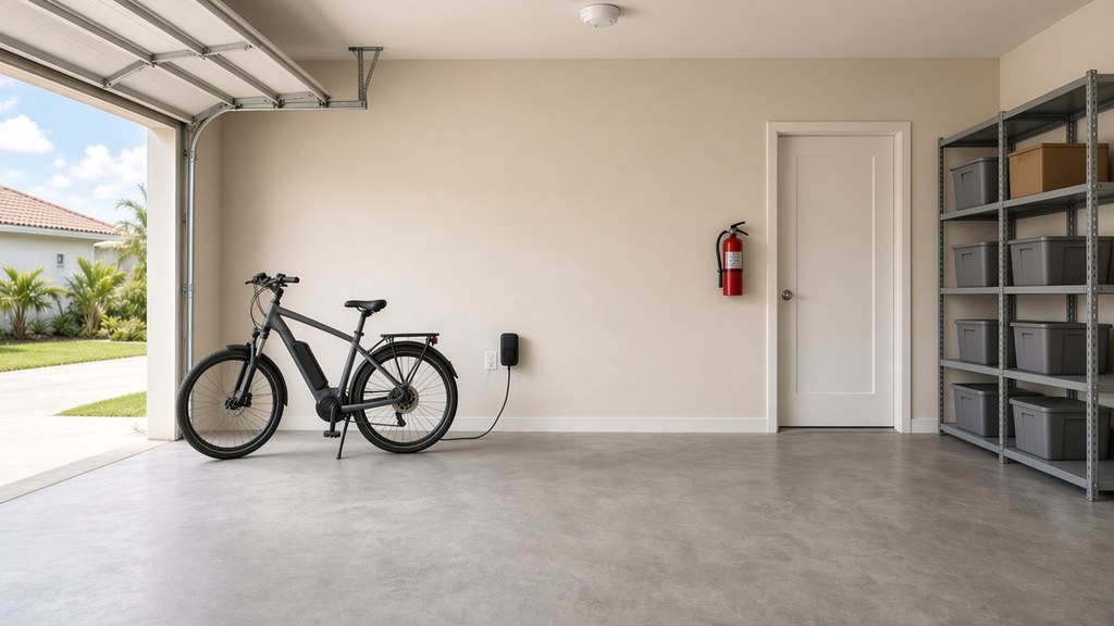 An e-bike charging on the bare concrete floor of a tidy home garage with the overhead door open, its charger plugged into a wall outlet, with a ceiling alarm, a fire extinguisher beside the closed door into the house and shelves of storage bins along the side wall.