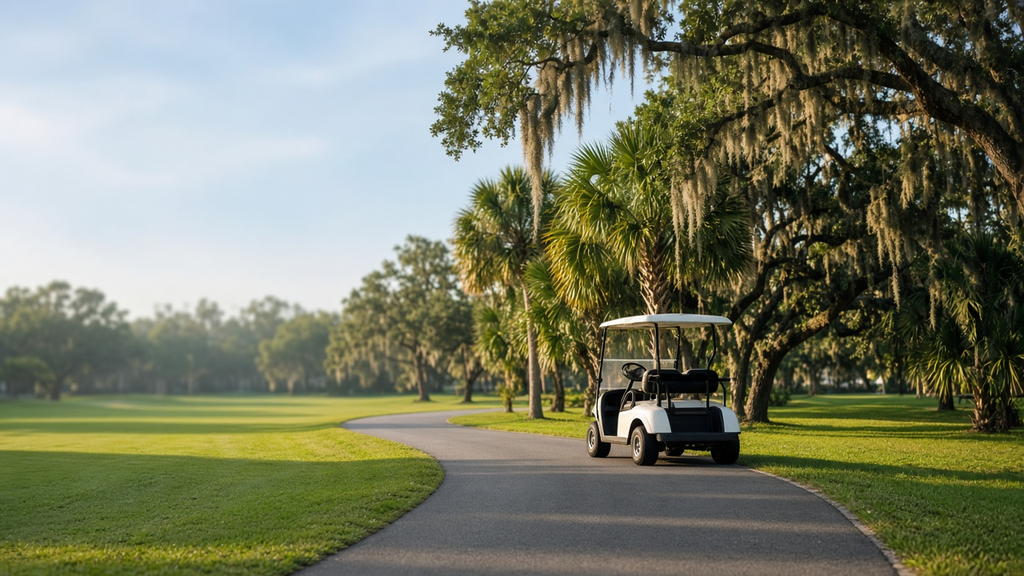 A white golf cart with a canopy roof on a curving paved path, lined with green lawns, palm trees and moss-draped oak trees on a sunny morning.