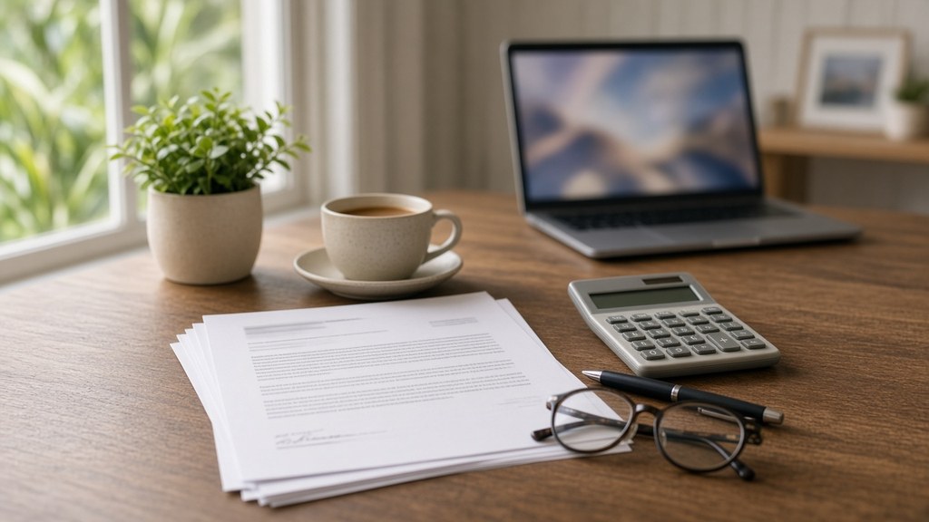 A tidy home desk by a sunny window with a stack of printed renewal papers, a calculator, a pen, reading glasses, a cup of coffee, a small potted plant and an open laptop in the background.