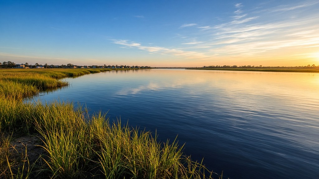 Calm river at sunrise with green and gold marsh grass in the foreground and a distant shoreline of homes and trees under a clear sky