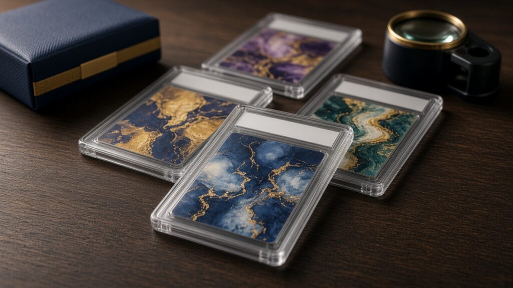 Graded trading cards in clear protective cases on a desk beside a padded box and a magnifying loupe.